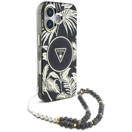 Калъф MagSafe за Apple iPhone 16, Guess, IML Palm Trees Triangle with Pearl Strap, Черен