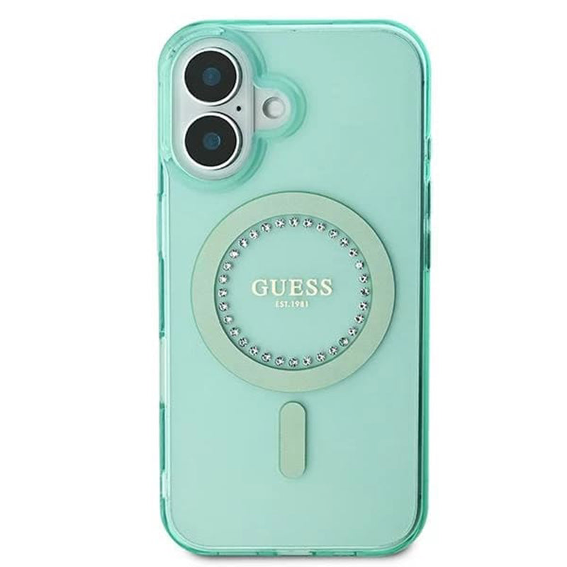 Калъф MagSafe за Apple iPhone 16, Guess, IML Rhinestone, Зелен