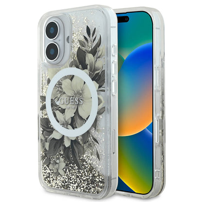 Калъф MagSafe за Apple iPhone 16, Guess, Liquid Glitter Flower, Бежов