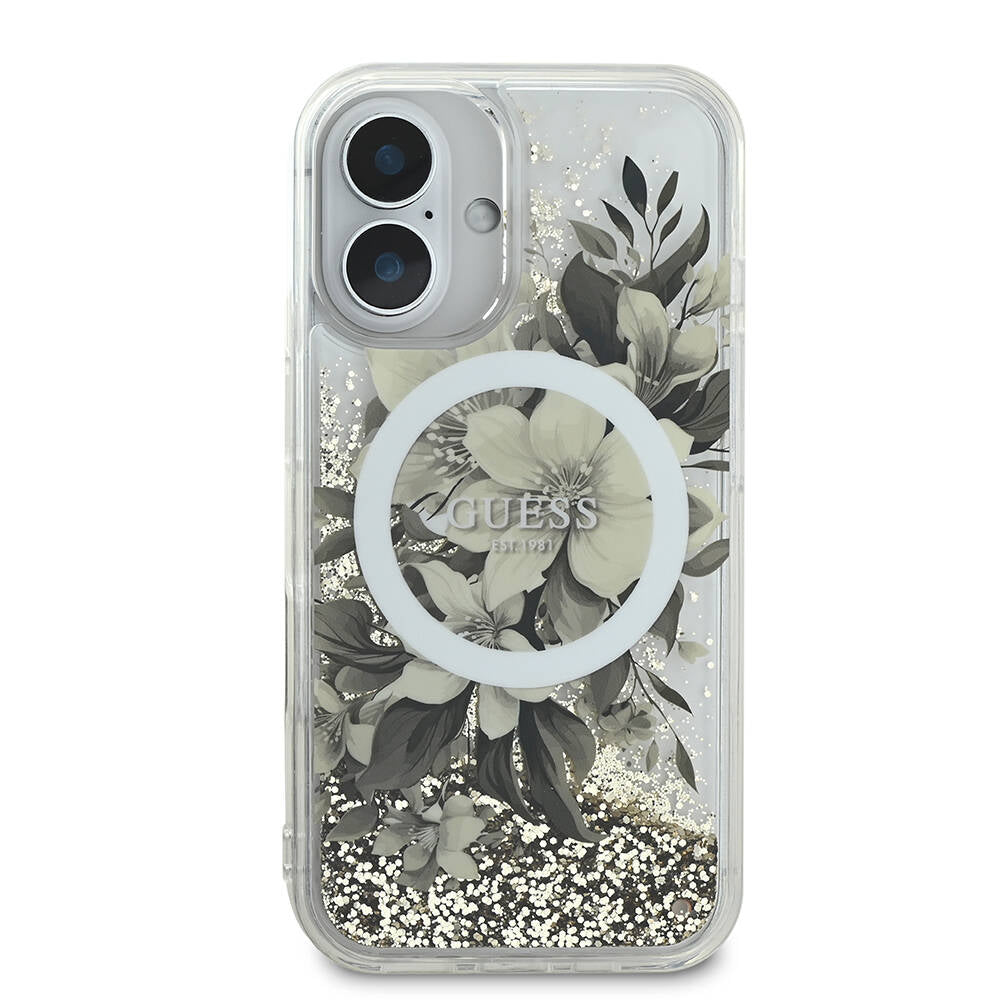 Калъф MagSafe за Apple iPhone 16, Guess, Liquid Glitter Flower, Бежов