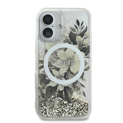 Калъф MagSafe за Apple iPhone 16, Guess, Liquid Glitter Flower, Бежов