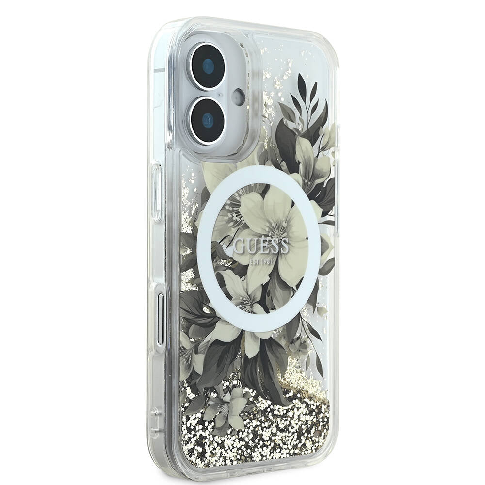 Калъф MagSafe за Apple iPhone 16, Guess, Liquid Glitter Flower, Бежов