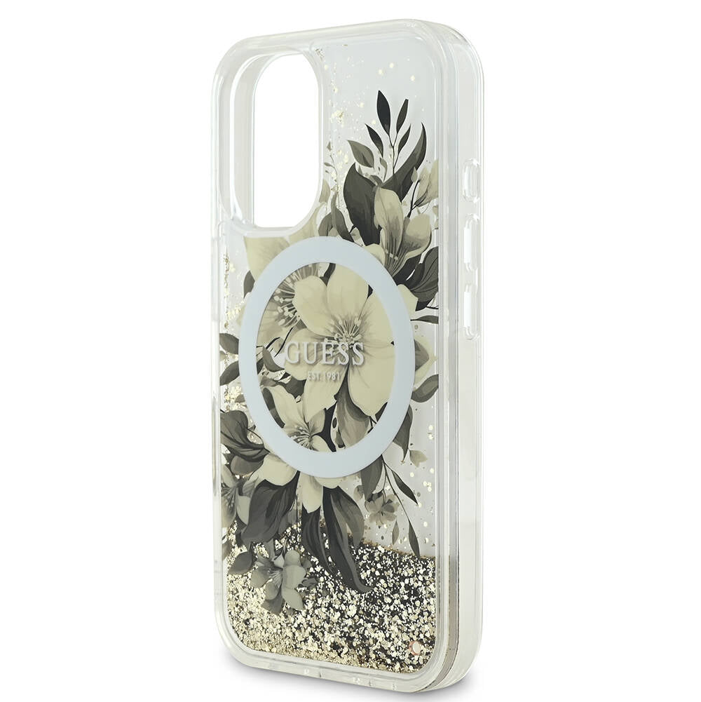 Калъф MagSafe за Apple iPhone 16, Guess, Liquid Glitter Flower, Бежов