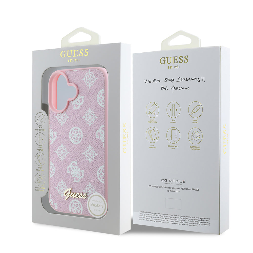 Калъф MagSafe за Apple iPhone 16, Guess, Peony Script, Розов