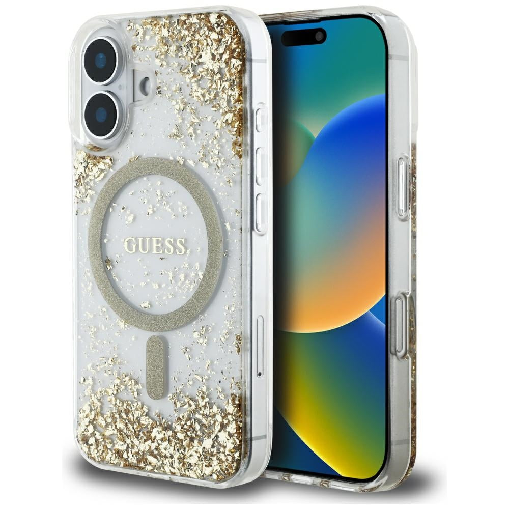 Калъф MagSafe за Apple iPhone 16, Guess, Resin Bottom Glitter, Златист