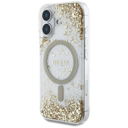 Калъф MagSafe за Apple iPhone 16, Guess, Resin Bottom Glitter, Златист