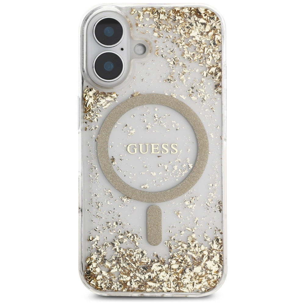 Калъф MagSafe за Apple iPhone 16, Guess, Resin Bottom Glitter, Златист