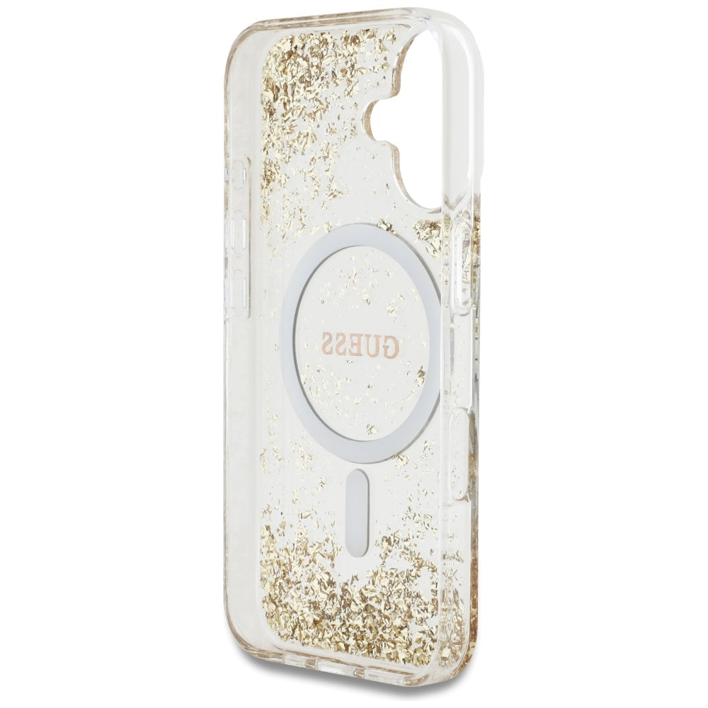 Калъф MagSafe за Apple iPhone 16, Guess, Resin Bottom Glitter, Златист