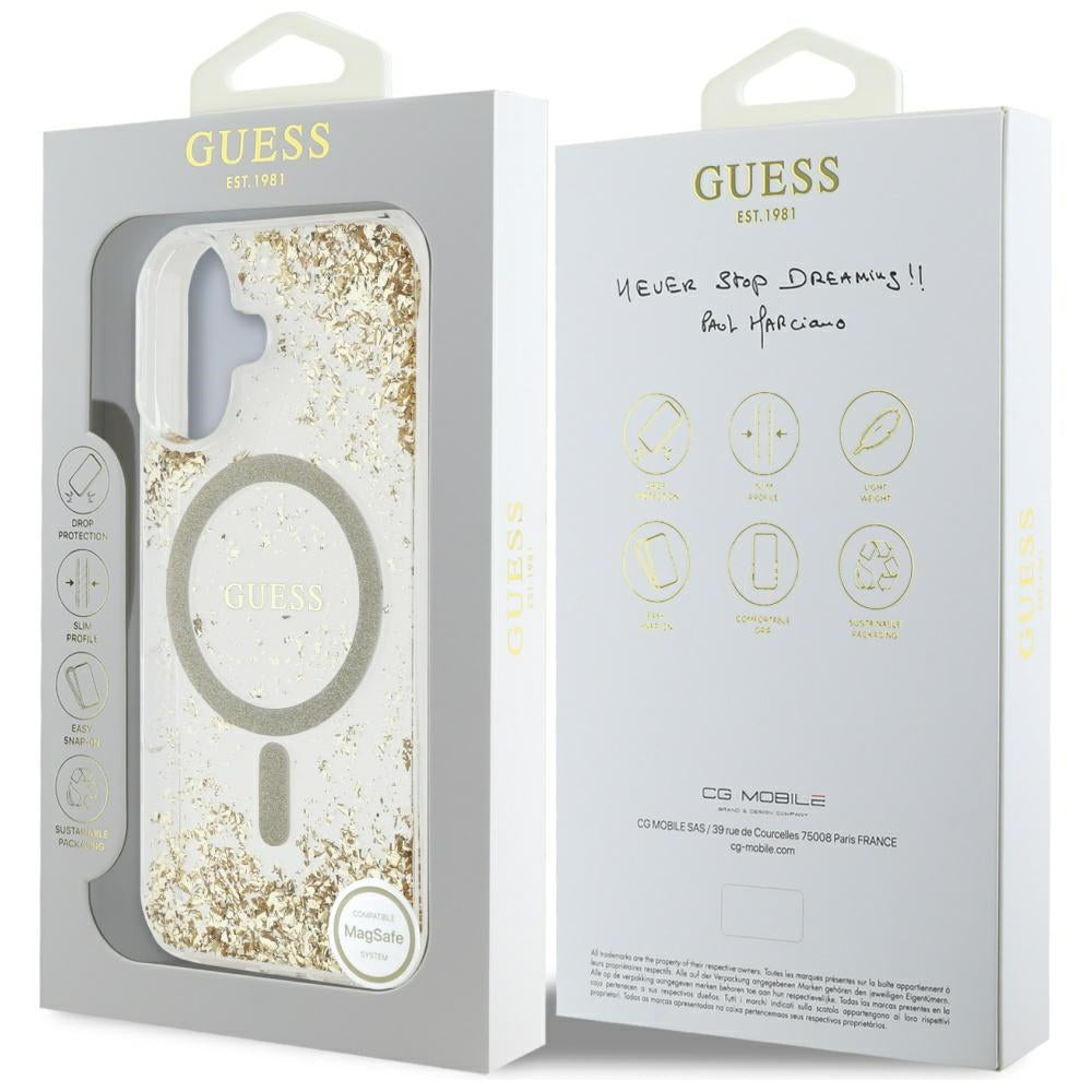 Калъф MagSafe за Apple iPhone 16, Guess, Resin Bottom Glitter, Златист