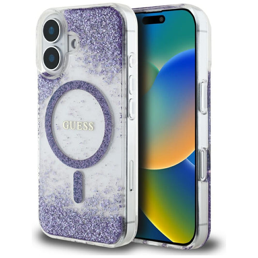 Калъф MagSafe за Apple iPhone 16, Guess, Resin Bottom Glitter, Лилав