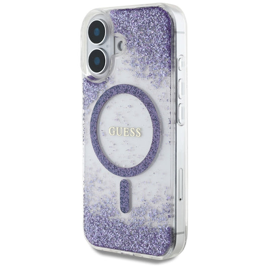 Калъф MagSafe за Apple iPhone 16, Guess, Resin Bottom Glitter, Лилав