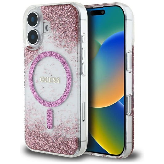 Калъф MagSafe за Apple iPhone 16, Guess, Resin Bottom Glitter, Розов