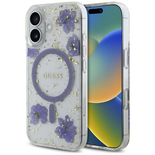 Калъф MagSafe за Apple iPhone 16, Guess, Resin Flowers and Glitter, Лилав