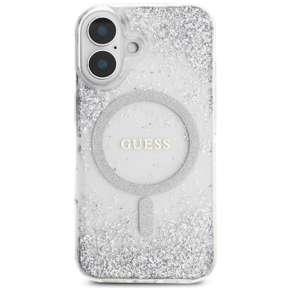 Калъф MagSafe за Apple iPhone 16, Guess, Resin Gradient Glitter, Сребрист