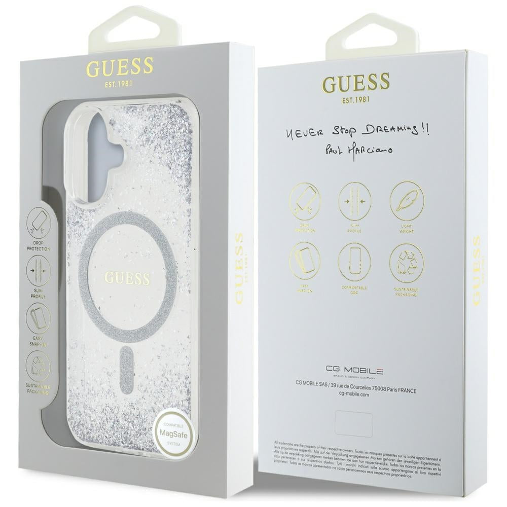 Калъф MagSafe за Apple iPhone 16, Guess, Resin Gradient Glitter, Сребрист