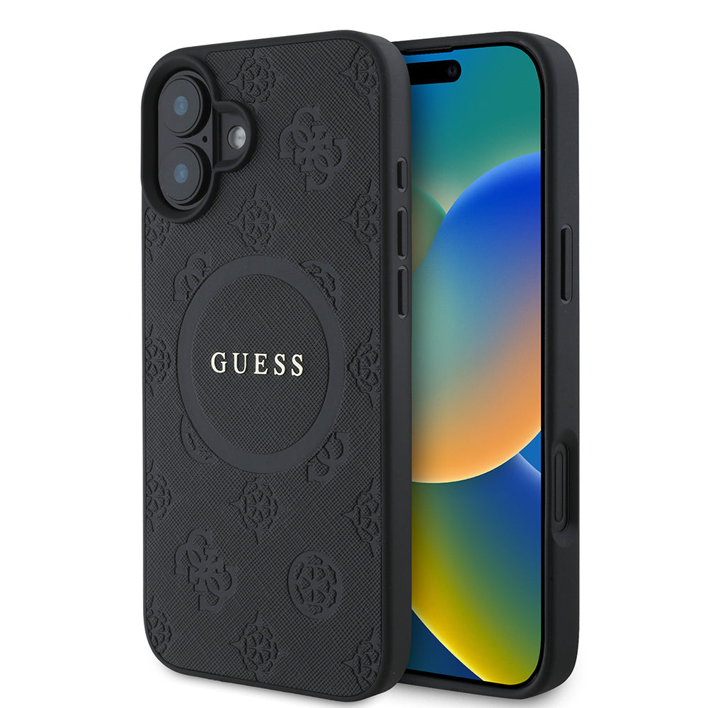 Калъф MagSafe за Apple iPhone 16, Guess, Saffiano Peony Classic Logo, Черен