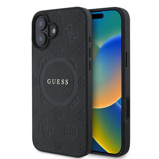 Калъф MagSafe за Apple iPhone 16, Guess, Saffiano Peony Classic Logo, Черен