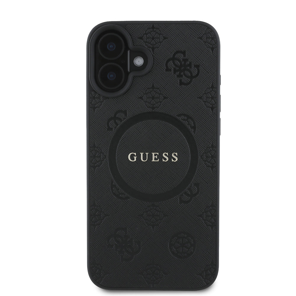 Калъф MagSafe за Apple iPhone 16, Guess, Saffiano Peony Classic Logo, Черен