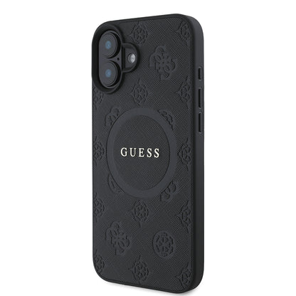 Калъф MagSafe за Apple iPhone 16, Guess, Saffiano Peony Classic Logo, Черен