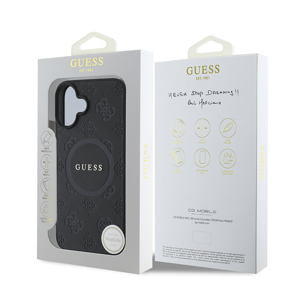 Калъф MagSafe за Apple iPhone 16, Guess, Saffiano Peony Classic Logo, Черен