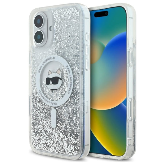 Калъф MagSafe за Apple iPhone 16, Karl Lagerfeld, Glitter Liquid Choupette Head, Прозрачен