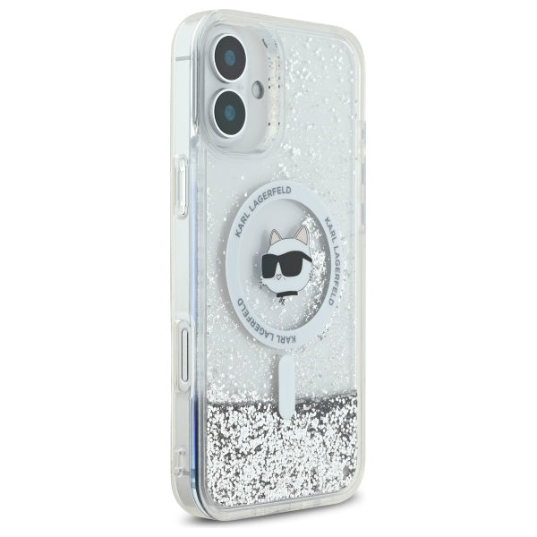 Калъф MagSafe за Apple iPhone 16, Karl Lagerfeld, Glitter Liquid Choupette Head, Прозрачен