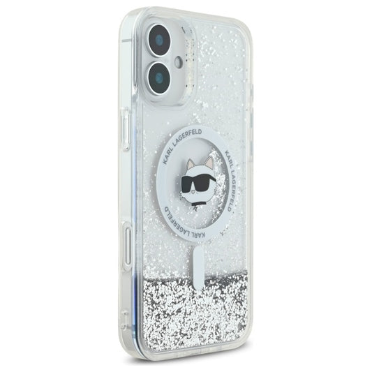 Калъф MagSafe за Apple iPhone 16, Karl Lagerfeld, Glitter Liquid Choupette Head, Прозрачен