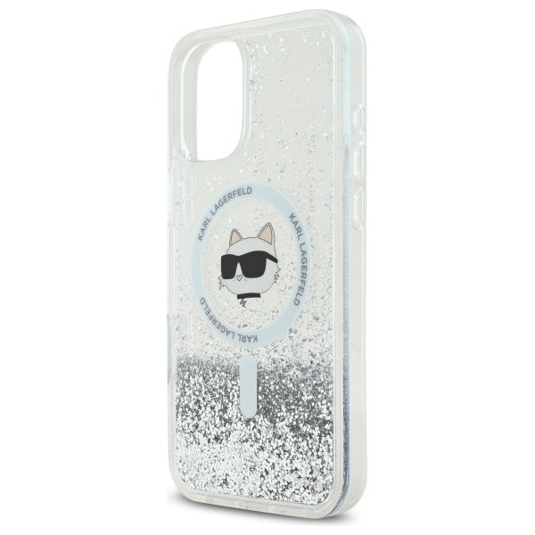 Калъф MagSafe за Apple iPhone 16, Karl Lagerfeld, Glitter Liquid Choupette Head, Прозрачен