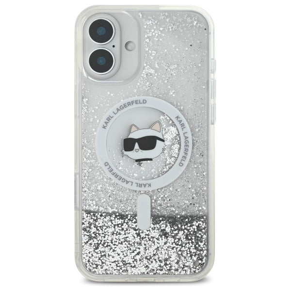 Калъф MagSafe за Apple iPhone 16, Karl Lagerfeld, Glitter Liquid Choupette Head, Прозрачен