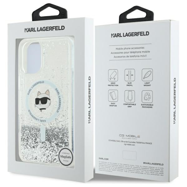 Калъф MagSafe за Apple iPhone 16, Karl Lagerfeld, Glitter Liquid Choupette Head, Прозрачен