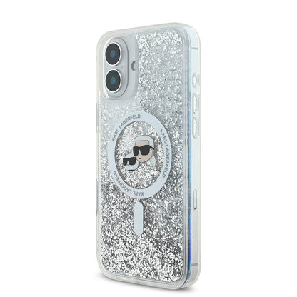 Калъф MagSafe за Apple iPhone 16, Karl Lagerfeld, Glitter Liquid Karl & Choupette' s Heads, Прозрачен