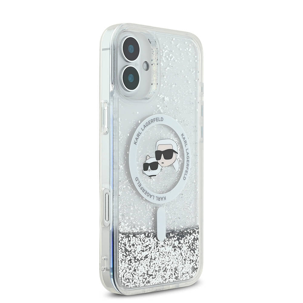Калъф MagSafe за Apple iPhone 16, Karl Lagerfeld, Glitter Liquid Karl & Choupette' s Heads, Прозрачен