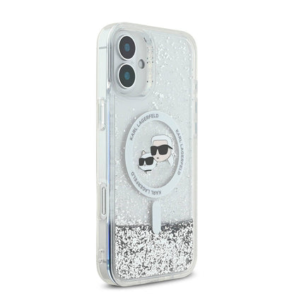 Калъф MagSafe за Apple iPhone 16, Karl Lagerfeld, Glitter Liquid Karl & Choupette' s Heads, Прозрачен