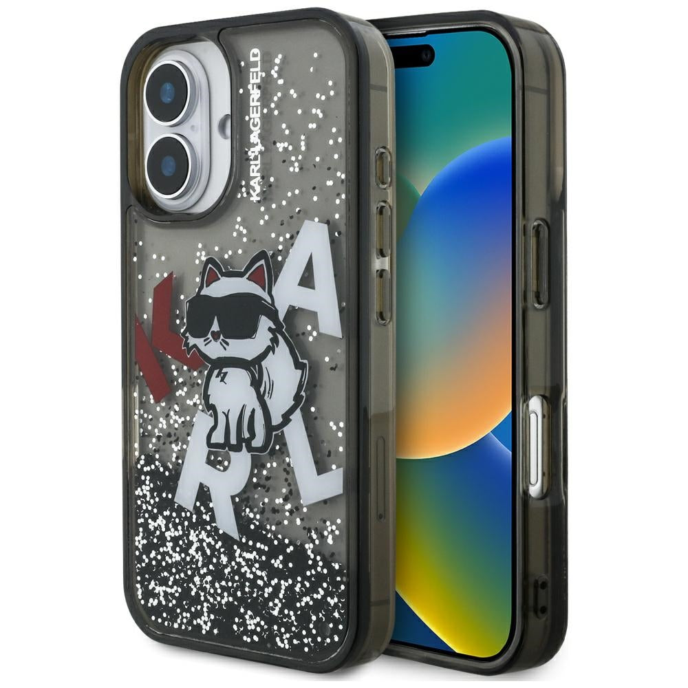 Калъф MagSafe за Apple iPhone 16, Karl Lagerfeld, Liquid Glitter Choupette Logo, Черен