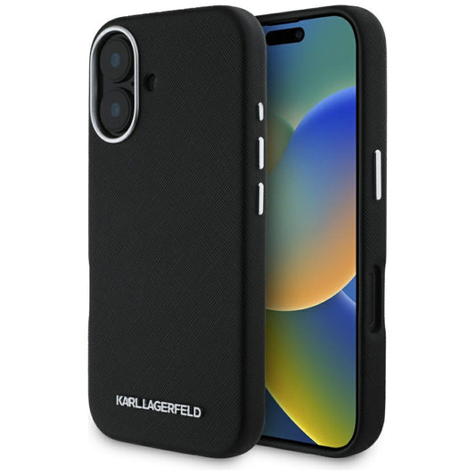 Калъф MagSafe за Apple iPhone 16, Karl Lagerfeld, Saffiano Full Wrapped Elongated Metal Logo, Черен