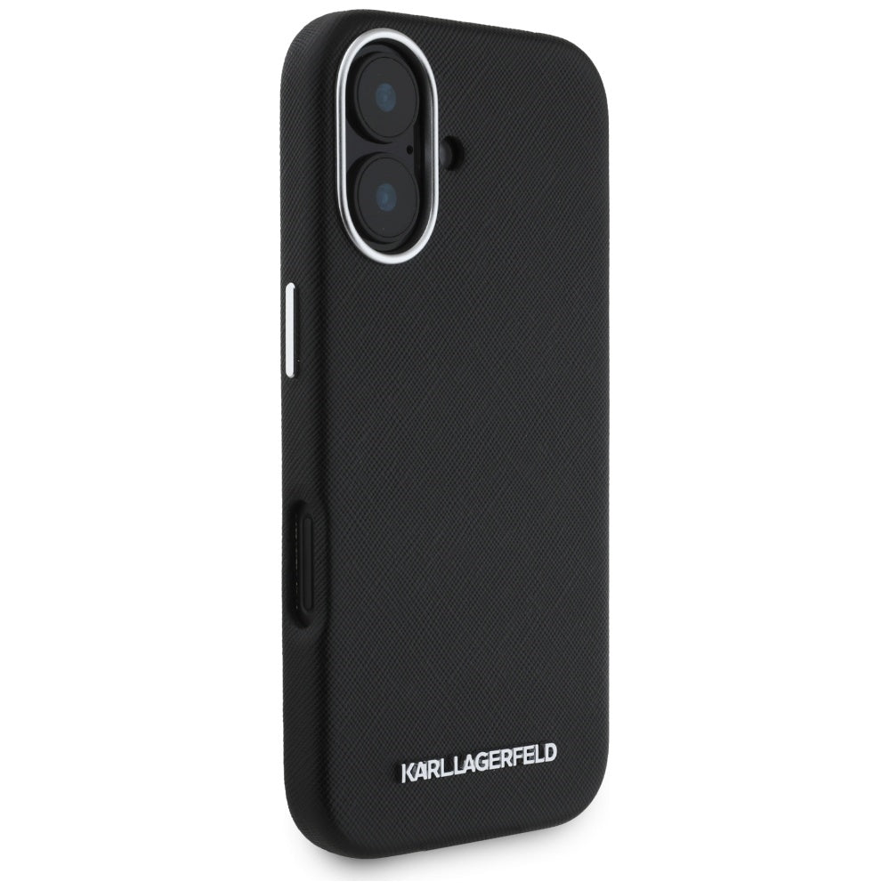 Калъф MagSafe за Apple iPhone 16, Karl Lagerfeld, Saffiano Full Wrapped Elongated Metal Logo, Черен