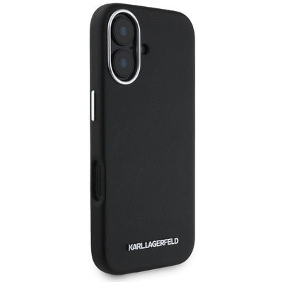 Калъф MagSafe за Apple iPhone 16, Karl Lagerfeld, Saffiano Full Wrapped Elongated Metal Logo, Черен