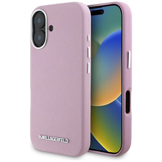 Калъф MagSafe за Apple iPhone 16, Karl Lagerfeld, Saffiano Full Wrapped Elongated Metal Logo, Розов
