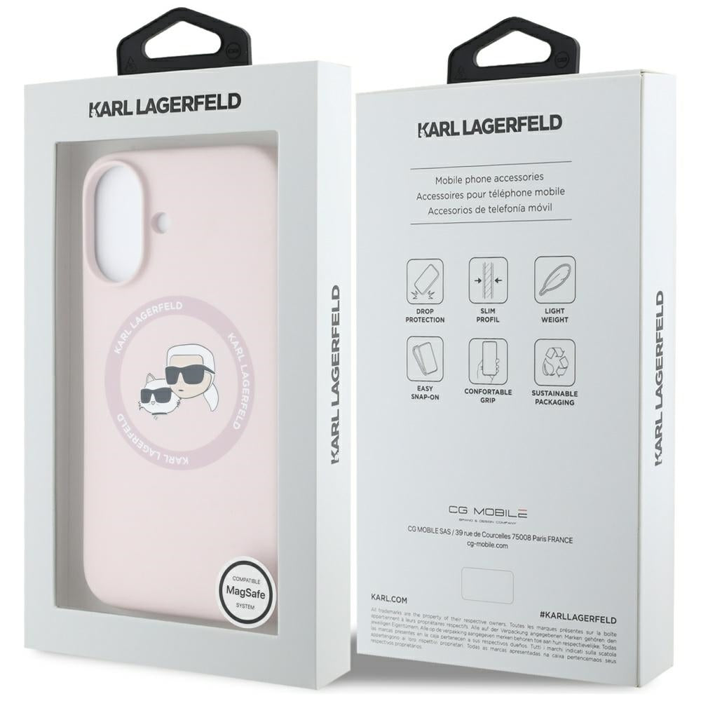 Калъф MagSafe за Apple iPhone 16, Karl Lagerfeld, Силикон Karl & Choupette's Heads, Розов