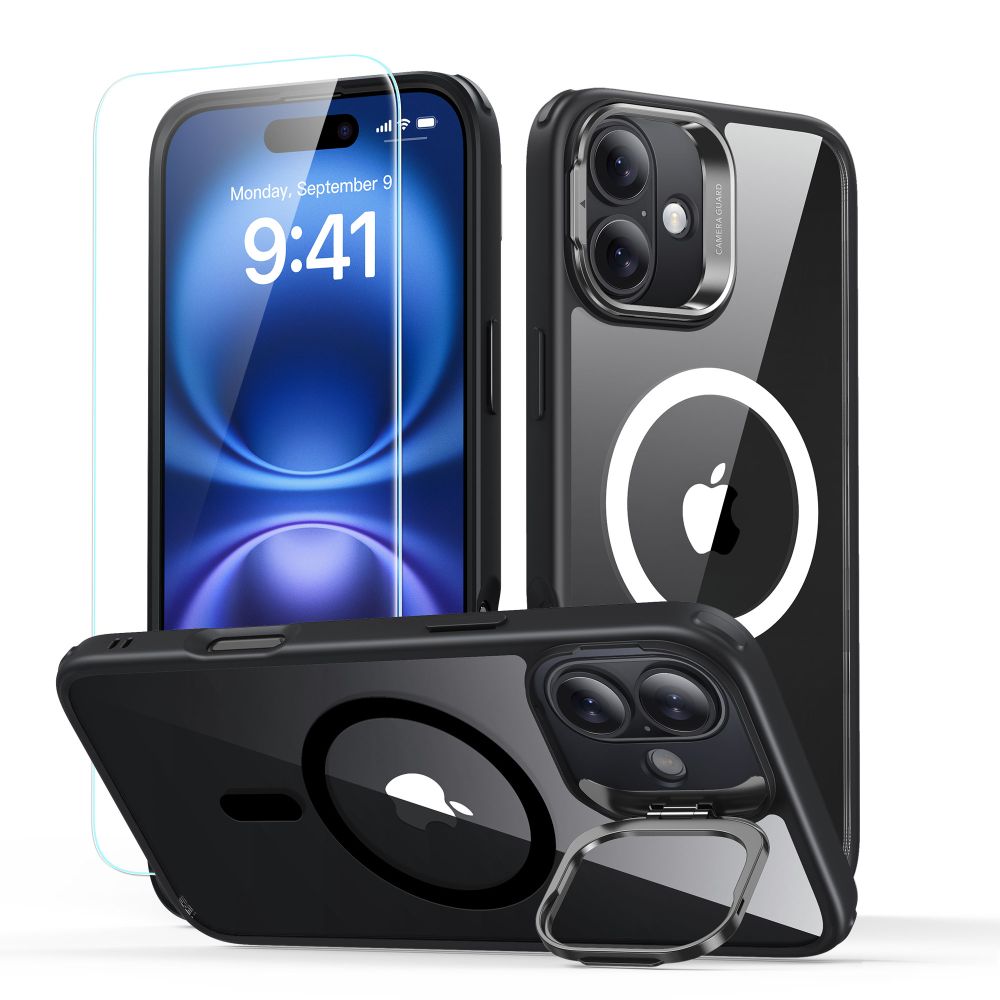 MagSafe Case for Apple iPhone 16 Plus, ESR, Classic Hybrid Kickstand with Screen Protector, Transparent Black