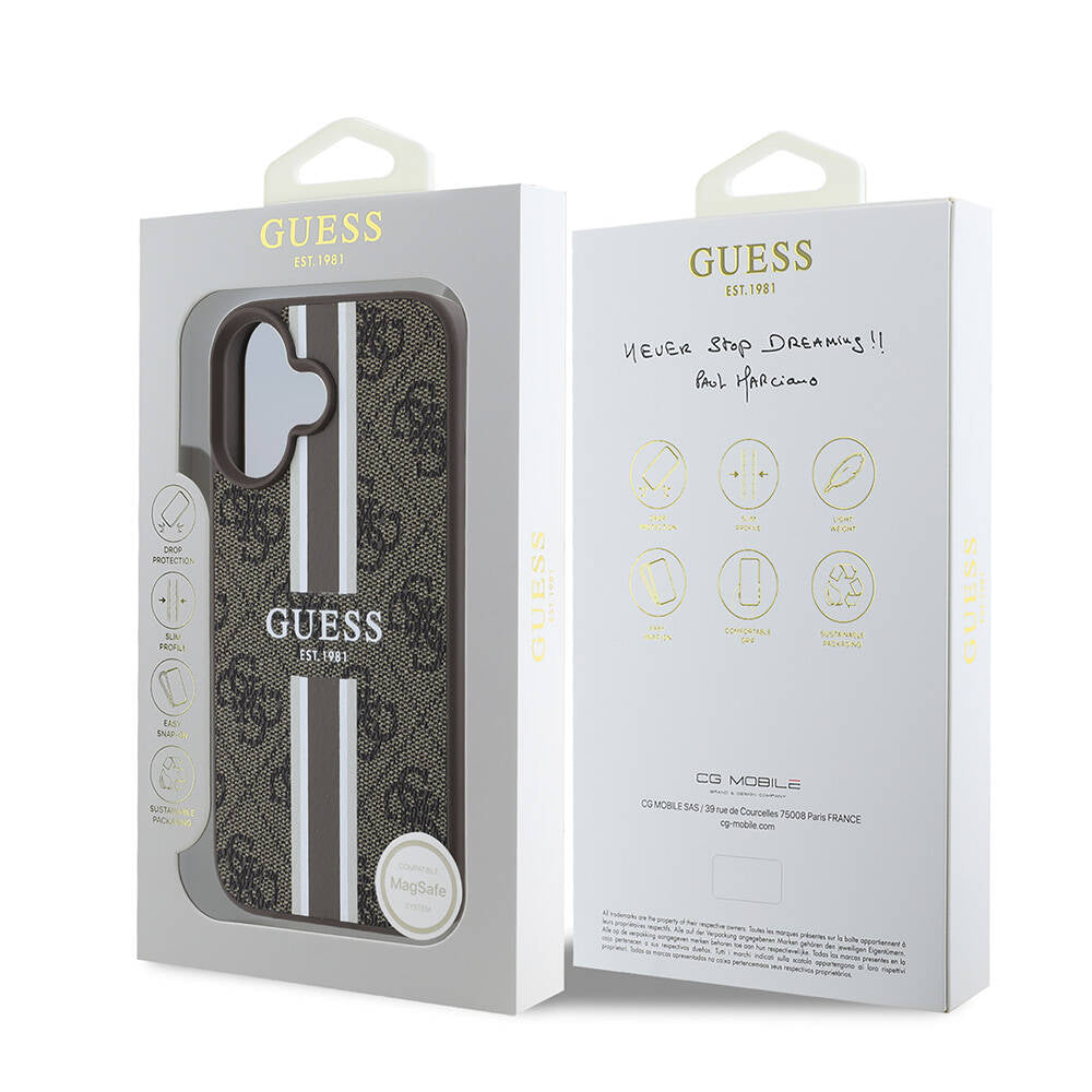 Калъф MagSafe за Apple iPhone 16 Plus, Guess, 4G Printed Stripes, Кафяв