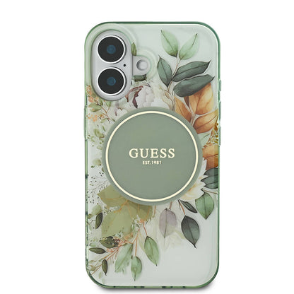 Калъф MagSafe за Apple iPhone 16 Plus, Guess, IML Flower & Tonal Circle, Зелен