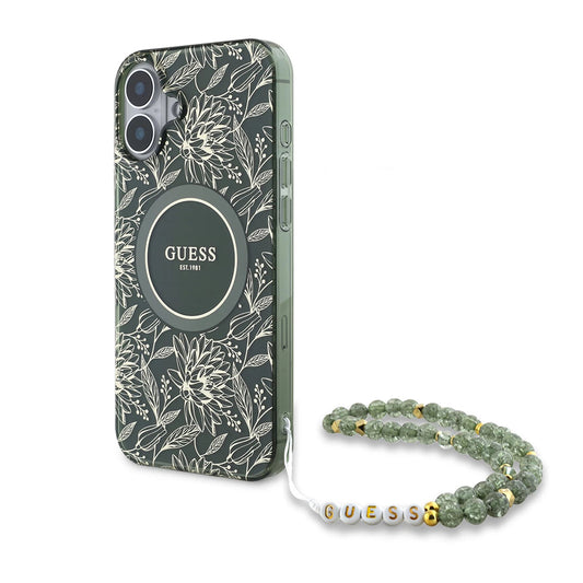Калъф MagSafe за Apple iPhone 16 Plus, Guess, IML Flowers Allover Electroplated with Pearl Strap, Зелен