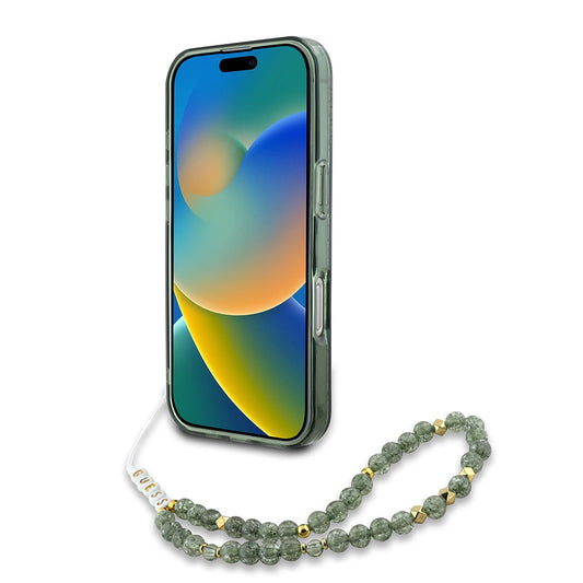 Калъф MagSafe за Apple iPhone 16 Plus, Guess, IML Flowers Allover Electroplated with Pearl Strap, Зелен