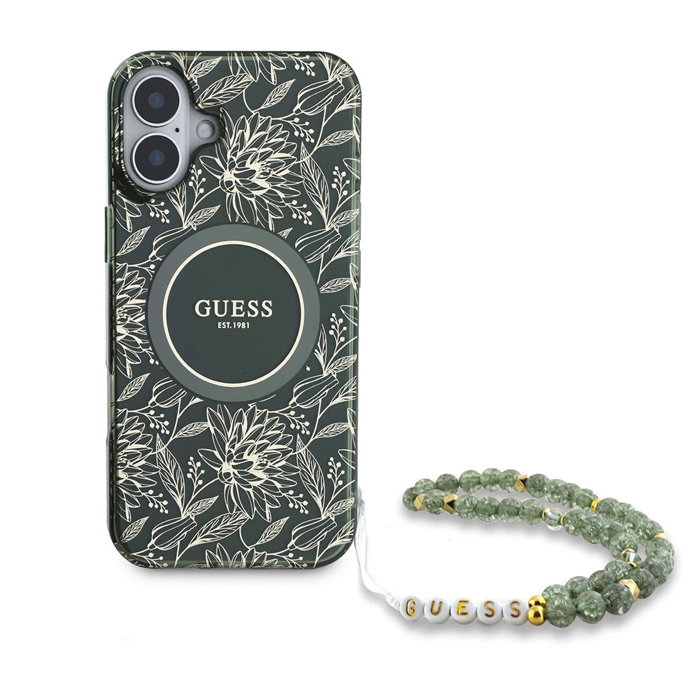 Калъф MagSafe за Apple iPhone 16 Plus, Guess, IML Flowers Allover Electroplated with Pearl Strap, Зелен
