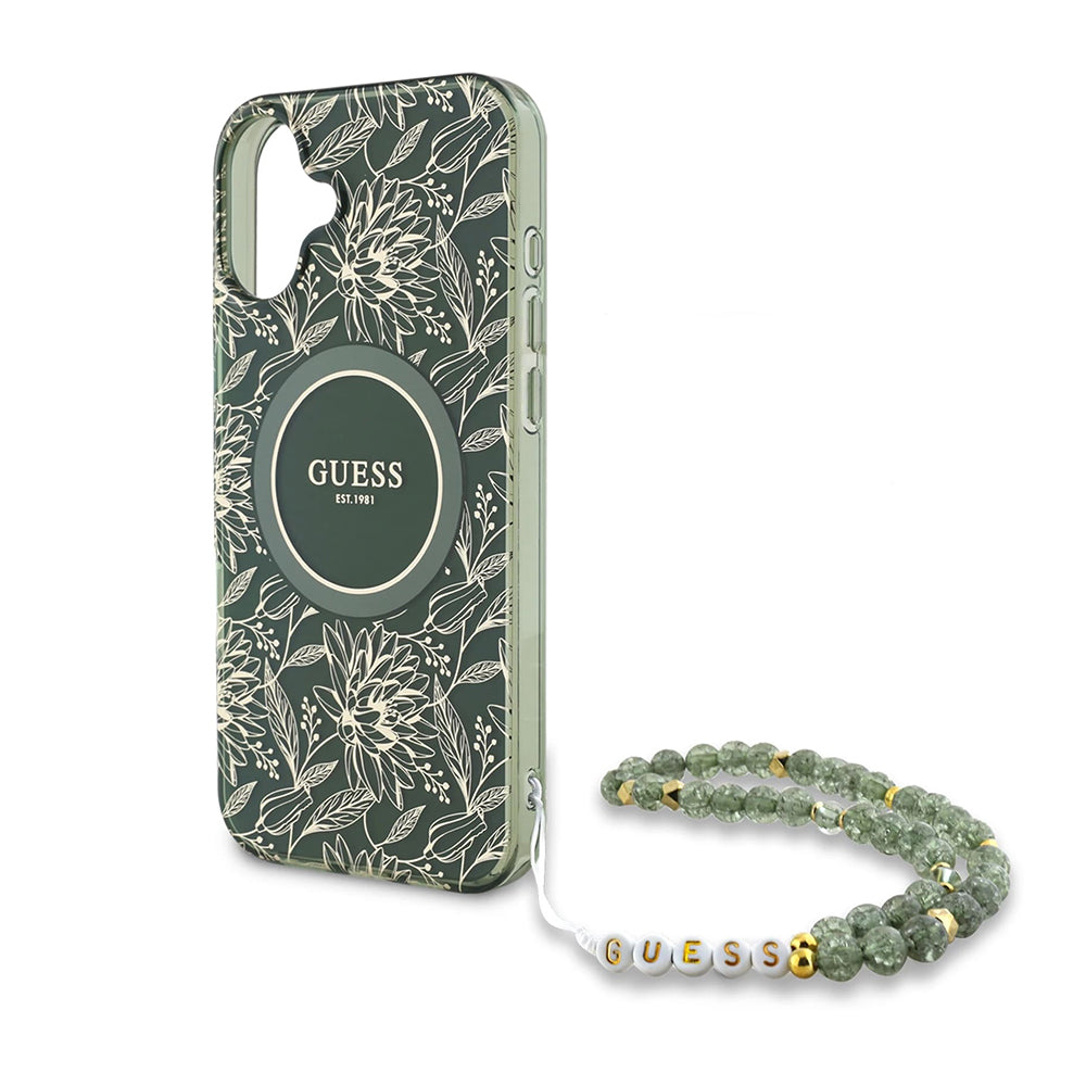 Калъф MagSafe за Apple iPhone 16 Plus, Guess, IML Flowers Allover Electroplated with Pearl Strap, Зелен
