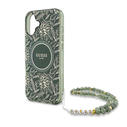 Калъф MagSafe за Apple iPhone 16 Plus, Guess, IML Flowers Allover Electroplated with Pearl Strap, Зелен