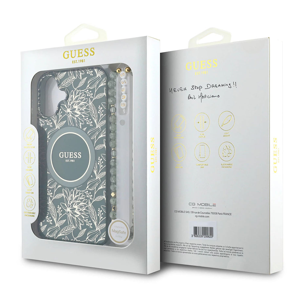 Калъф MagSafe за Apple iPhone 16 Plus, Guess, IML Flowers Allover Electroplated with Pearl Strap, Зелен