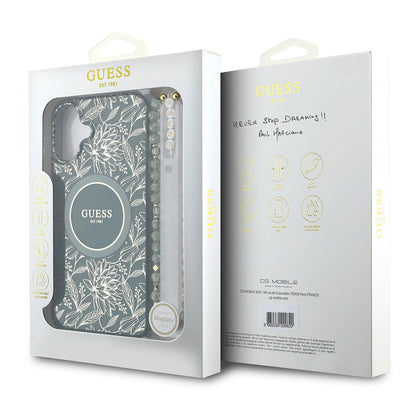 Калъф MagSafe за Apple iPhone 16 Plus, Guess, IML Flowers Allover Electroplated with Pearl Strap, Зелен