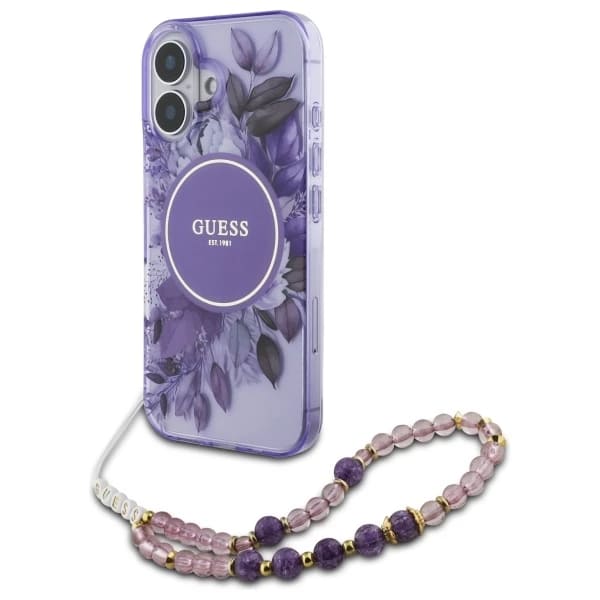 Калъф MagSafe за Apple iPhone 16 Plus, Guess, IML Flowers with Pearl Strap, Лилав